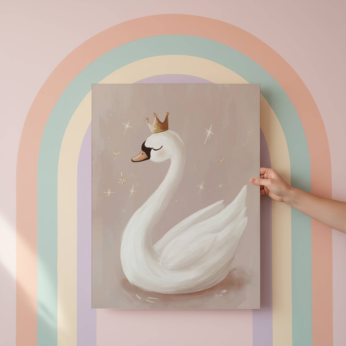 Framed artwork of a swan with a crown against a pastel rainbow arch.