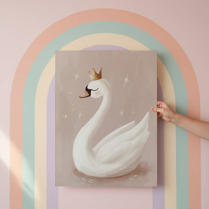 Framed artwork of a swan with a crown against a pastel rainbow arch.