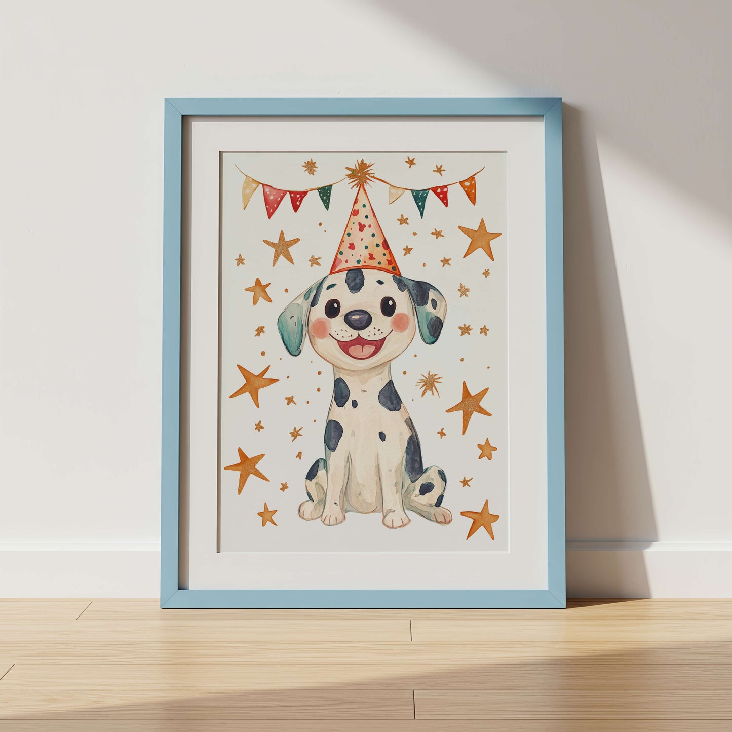 Framed illustration of a dog wearing a party hat with stars and banners on a white background.