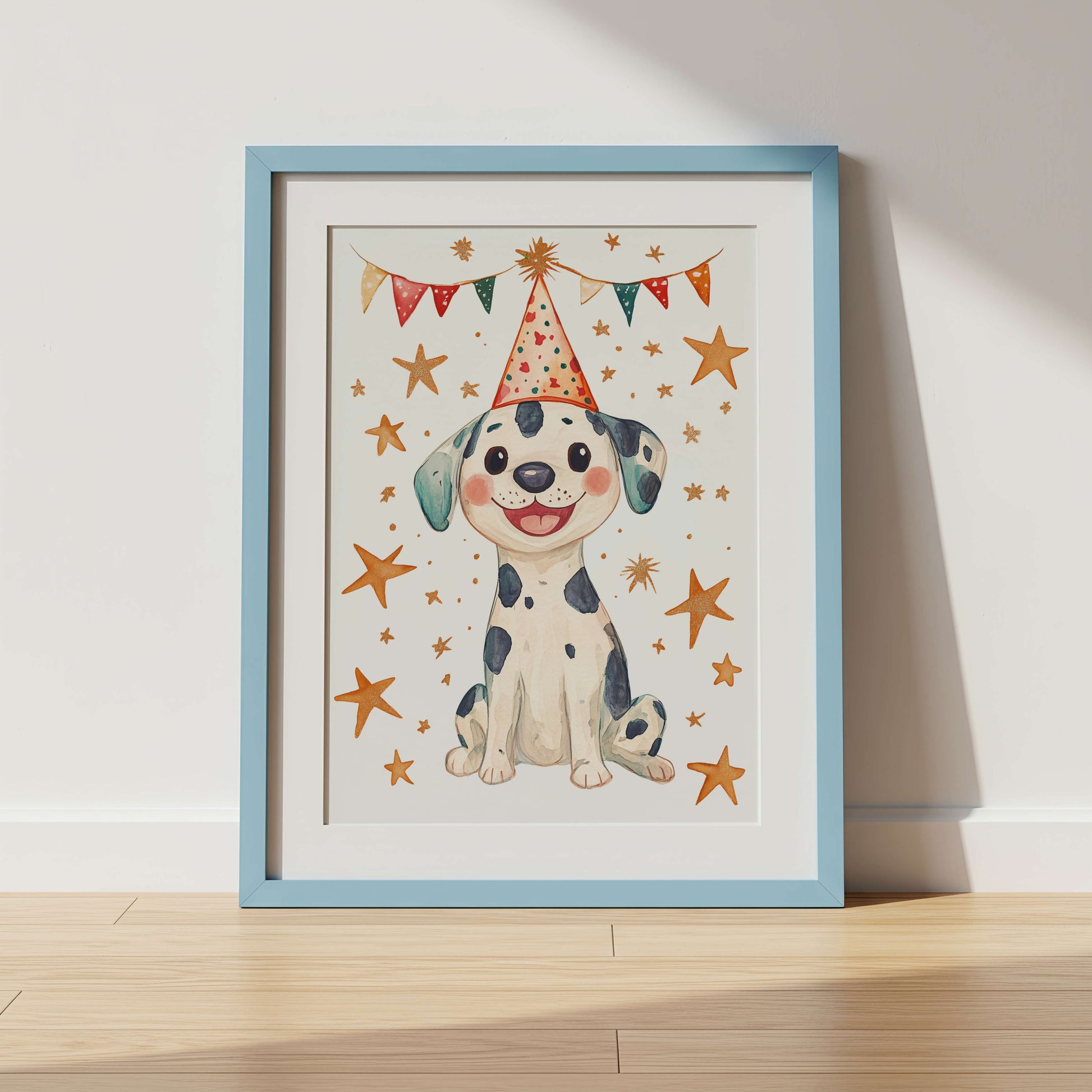 Framed illustration of a dog wearing a party hat with stars and banners on a white background.