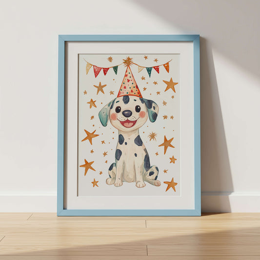 Framed illustration of a dog wearing a party hat with stars and banners on a white background.