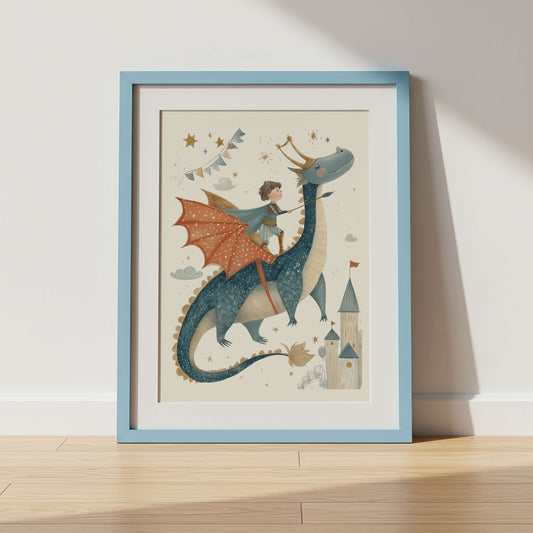 Framed artwork of a child Knight riding a dragon