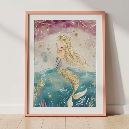Framed artwork of a mermaid with a pink frame on a light wooden floor.