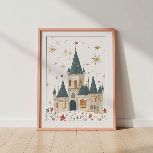Framed illustration of an enchanted fairytale castle on a white wall with wooden floor
