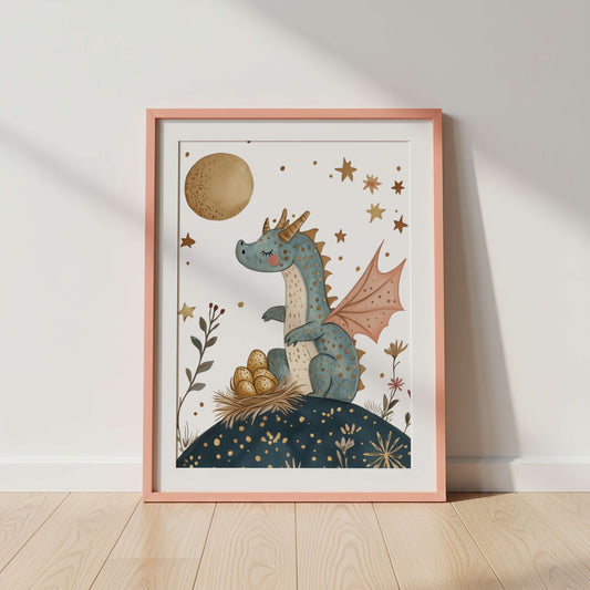 Framed artwork of a fairytale dragon with stars and eggs on a white wall.