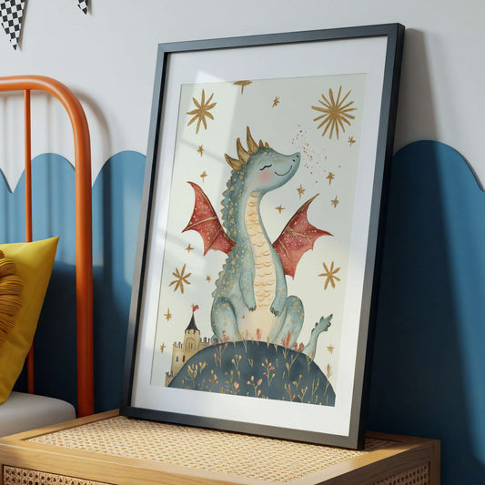 Framed illustration of a dragon on a wooden nightstand with colorful bedding in the background