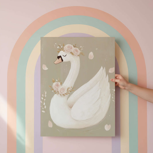 Framed artwork of a swan with floral decorations against a pastel rainbow arch.