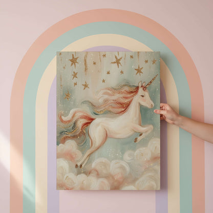 Unicorn painting held by a hand against a pastel rainbow arch