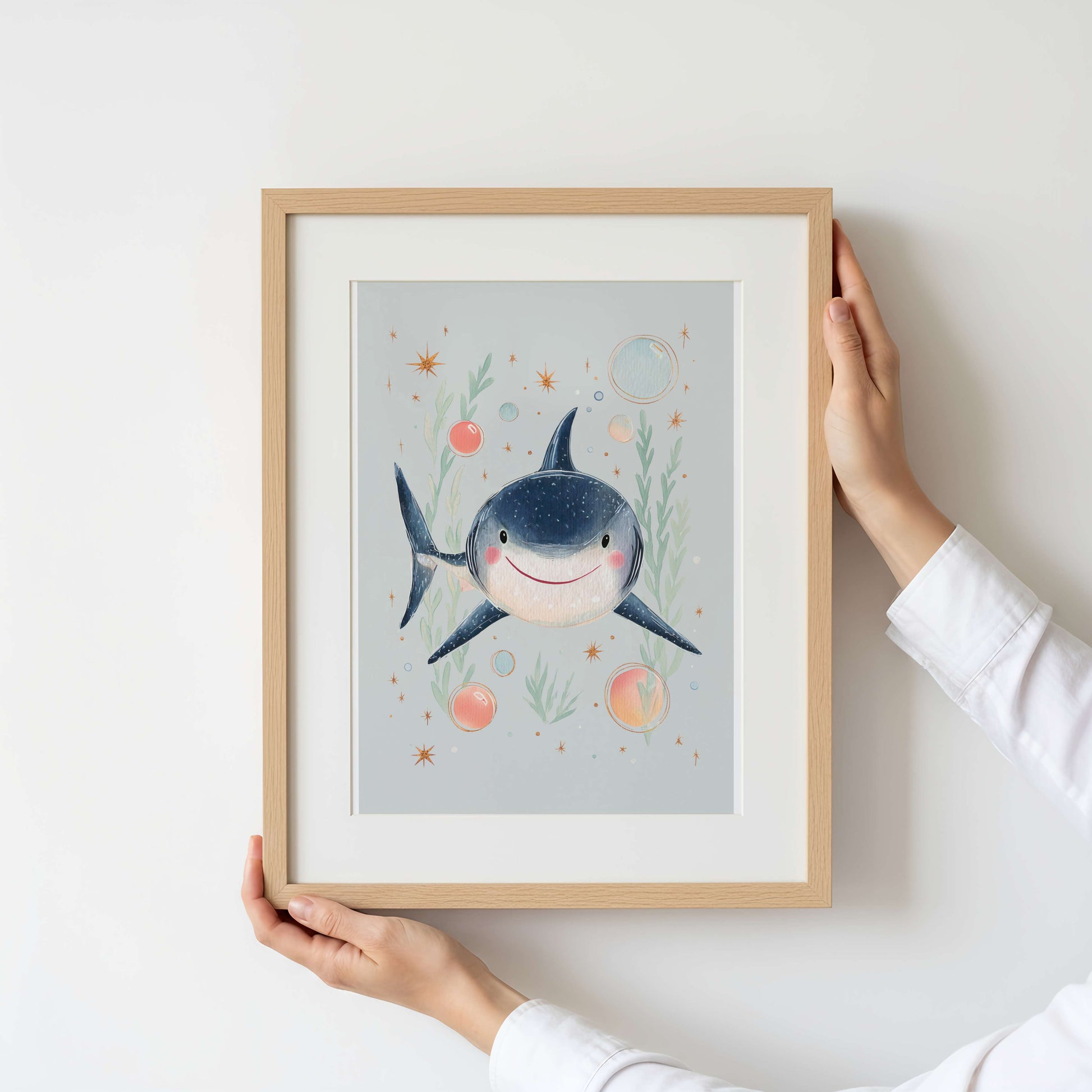 Framed illustration of a shark with underwater plants and flowers on a light background