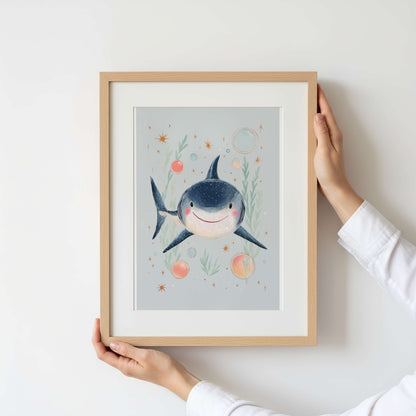 Framed illustration of a shark with underwater plants and flowers on a light background