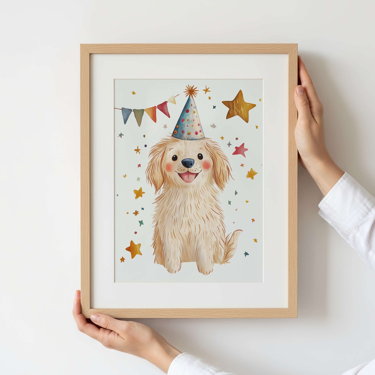 Framed illustration of a dog wearing a party hat with stars and flags on a white background