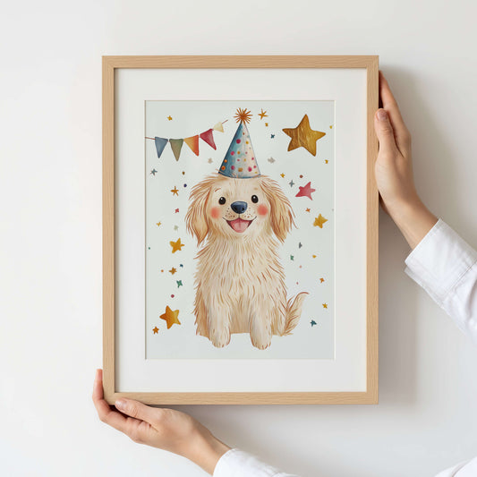 Framed illustration of a dog wearing a party hat with stars and flags on a white background