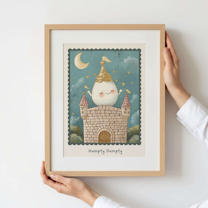 Framed illustration of Humpty Dumpty with a castle on a light background