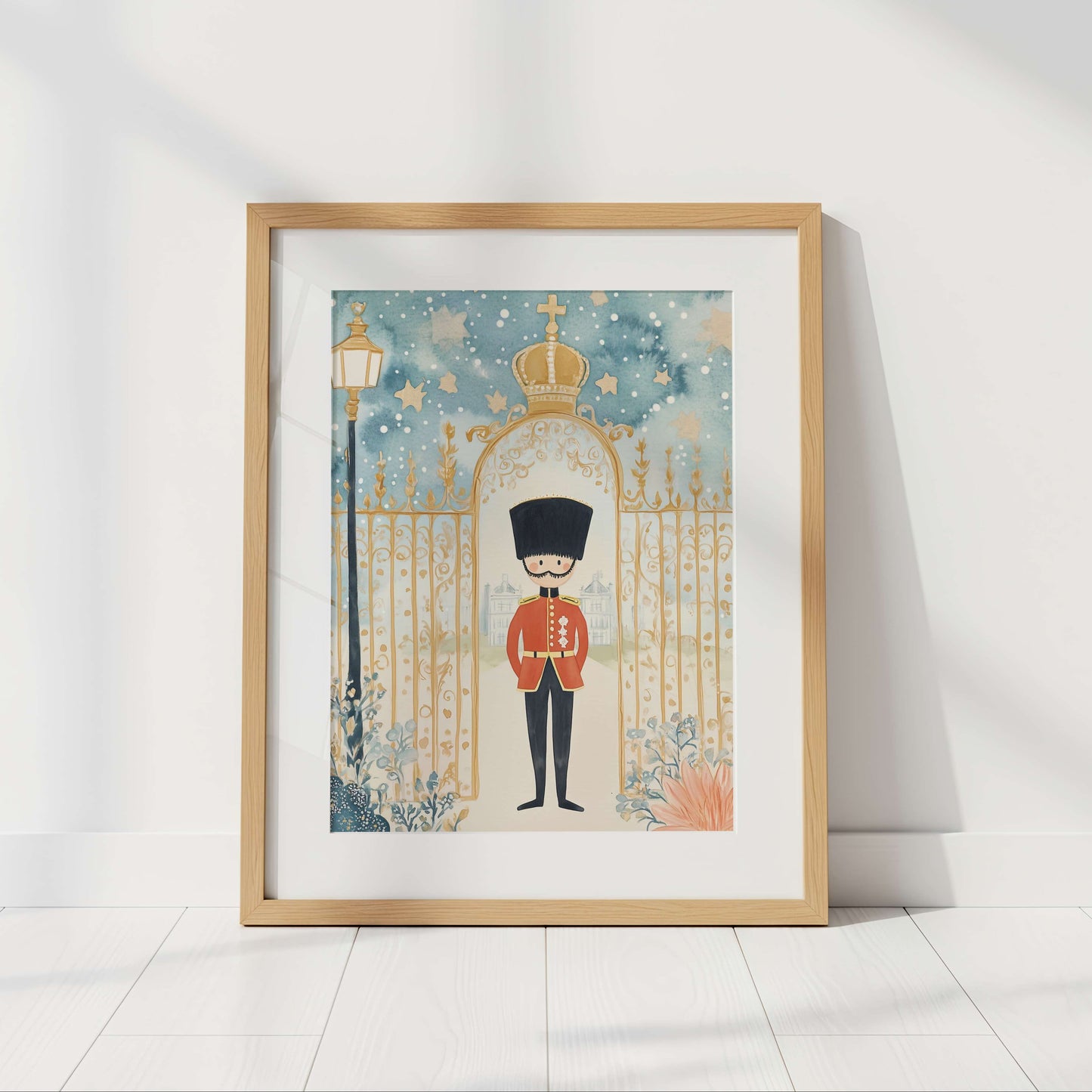 Framed artwork of a guard in a decorative setting on a white wall.