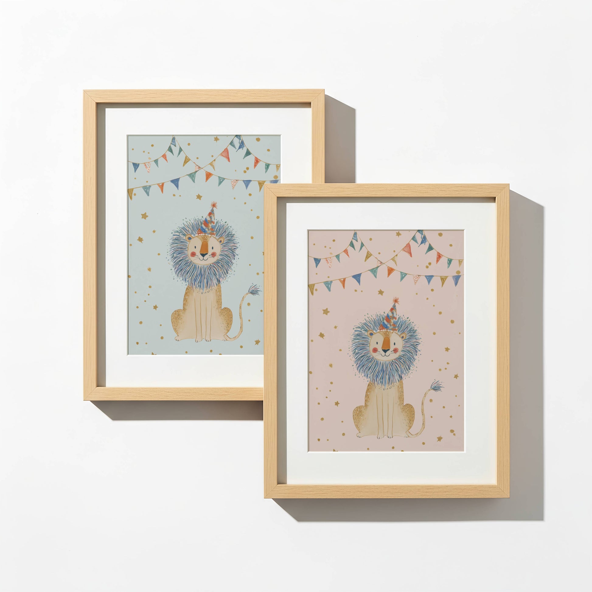 Circus Lion nursery print shown in light pink and light blue background colour options
