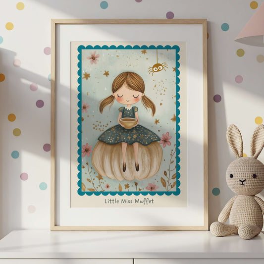 Framed illustration of 'Little Miss Muffet' with a toy rabbit on a shelf.