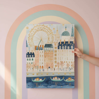 Hand holding a cityscape illustration with a Ferris wheel and buildings against a pastel rainbow arch.