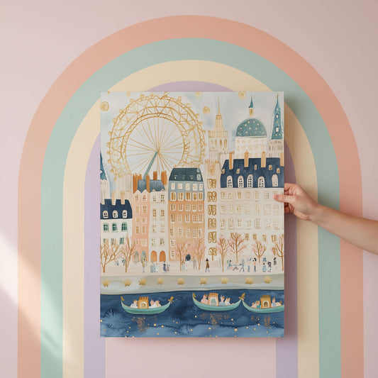 Hand holding a cityscape illustration with a Ferris wheel and buildings against a pastel rainbow arch.