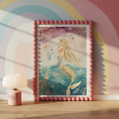 Dreamy Mermaid Print detail showing watercolour ocean textures and storybook illustration — Sarah Gallagher Design UK