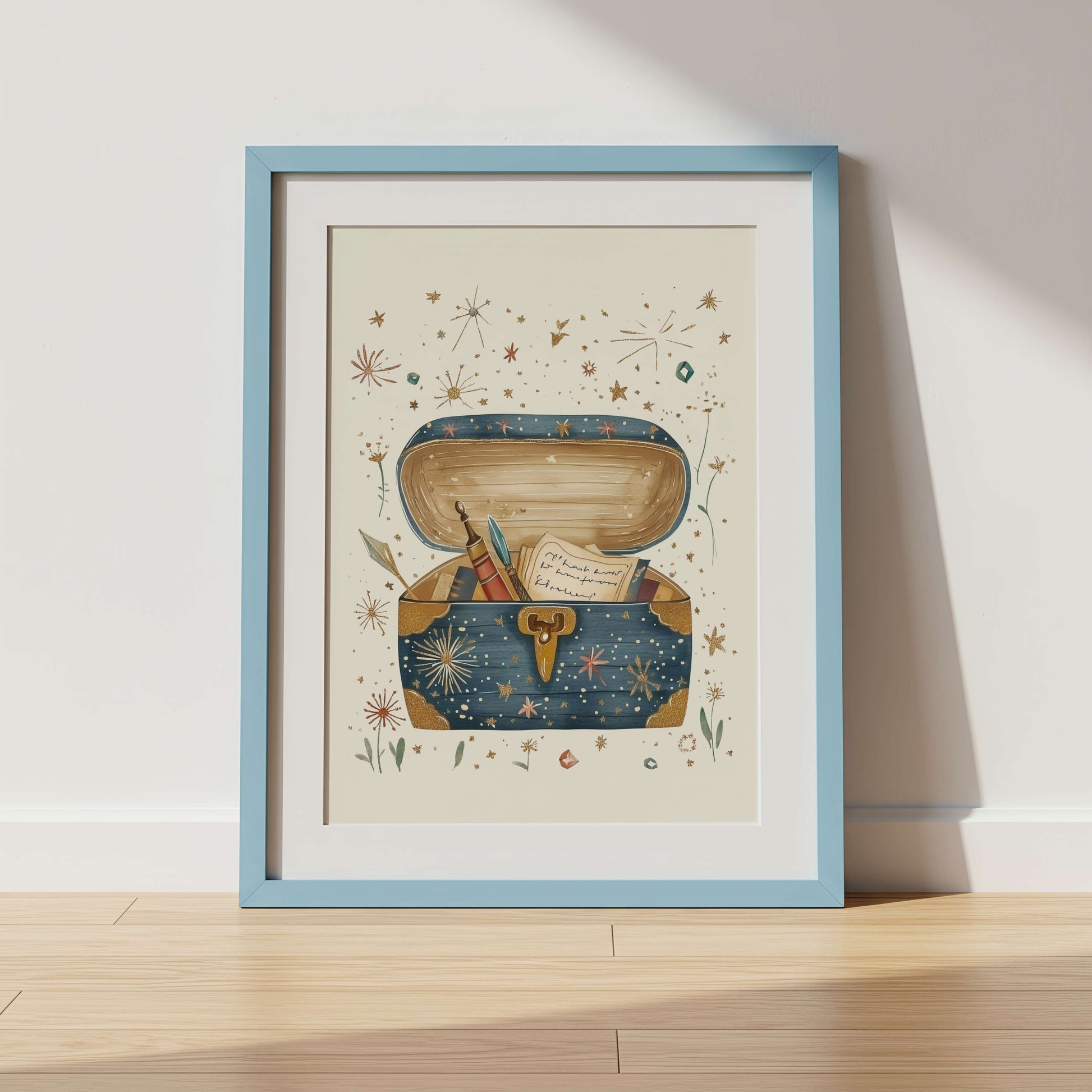 Framed illustration of a Treasure chest in a fairy tale setting with stars