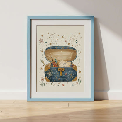 Framed illustration of a Treasure chest in a fairy tale setting with stars