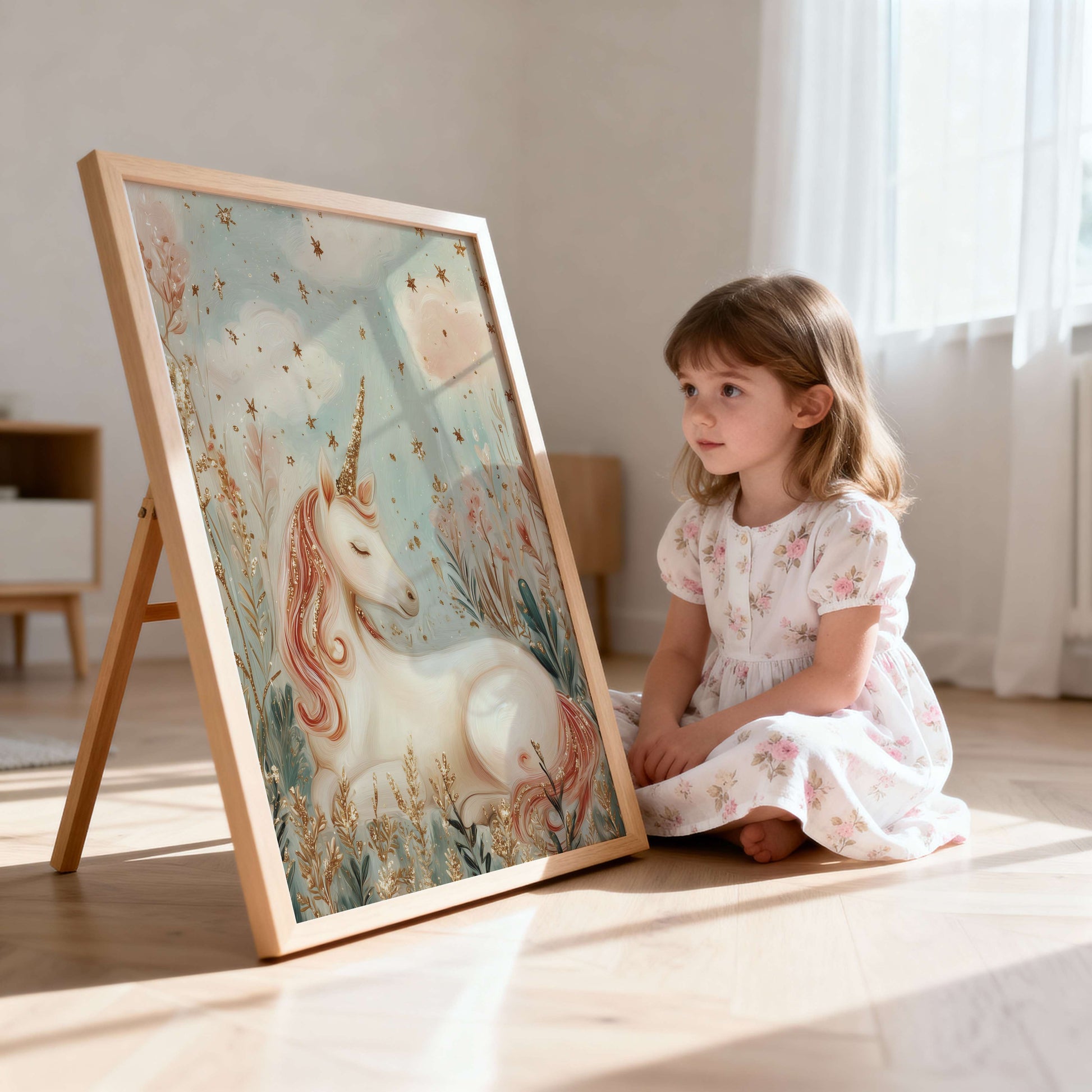 Child in a floral dress sitting next to a framed unicorn artwork in a bright room.