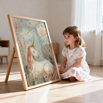 Child in a floral dress sitting next to a framed unicorn artwork in a bright room.
