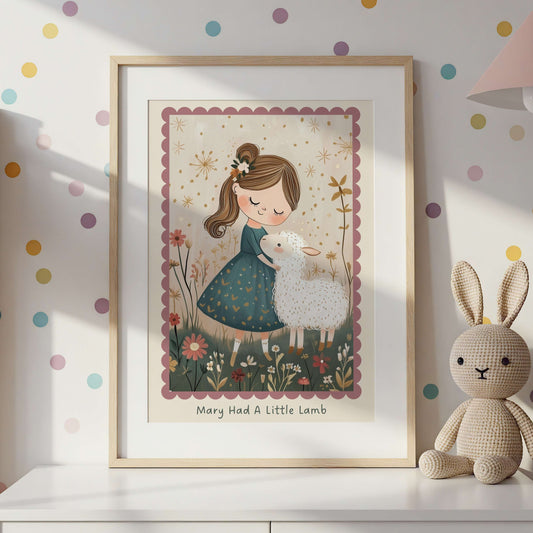 Framed illustration of a mary had a little lamb nursery rhyme