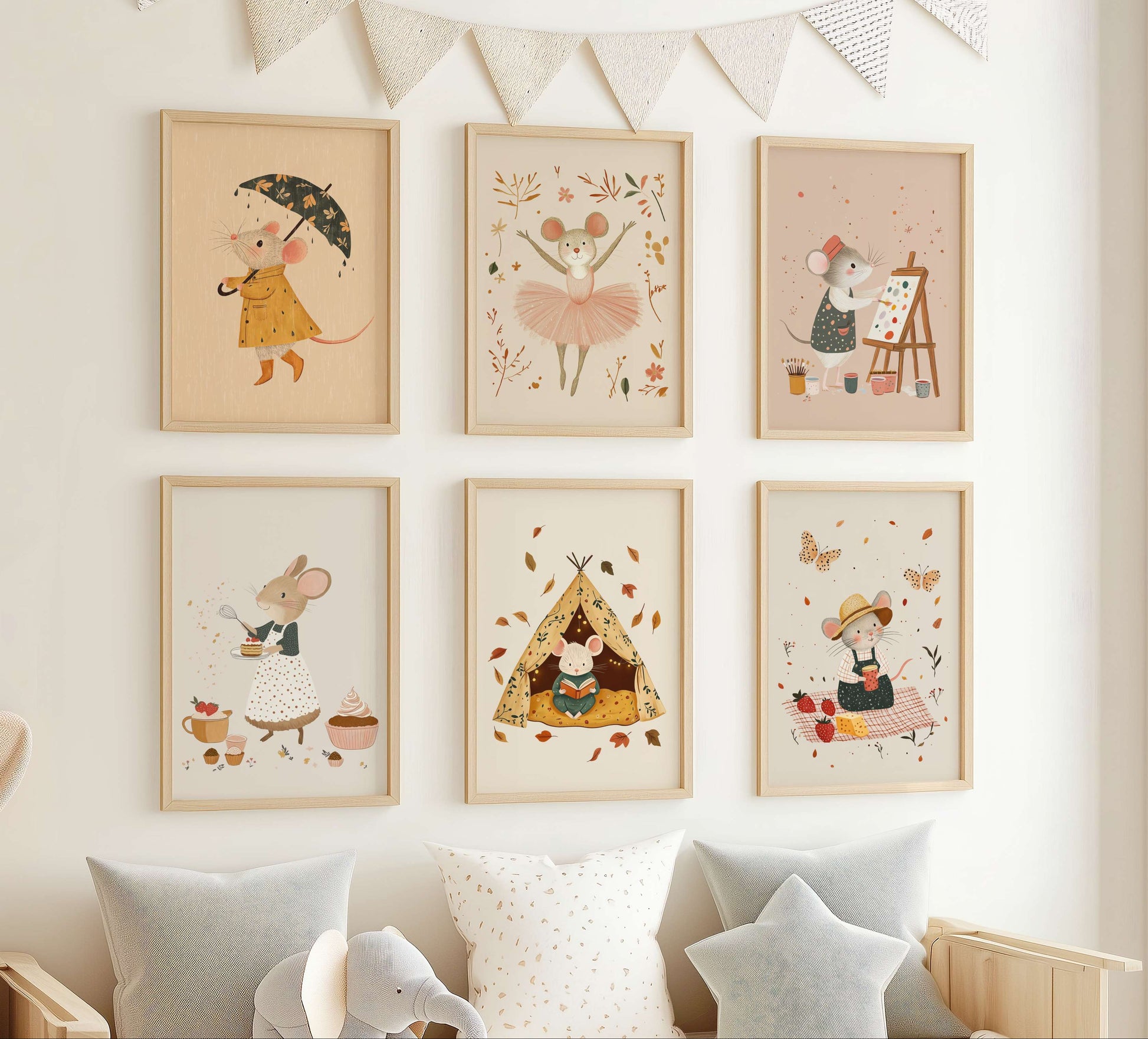 Nursery room with framed mouse-themed illustrations on the wall and a child's bed with toys.