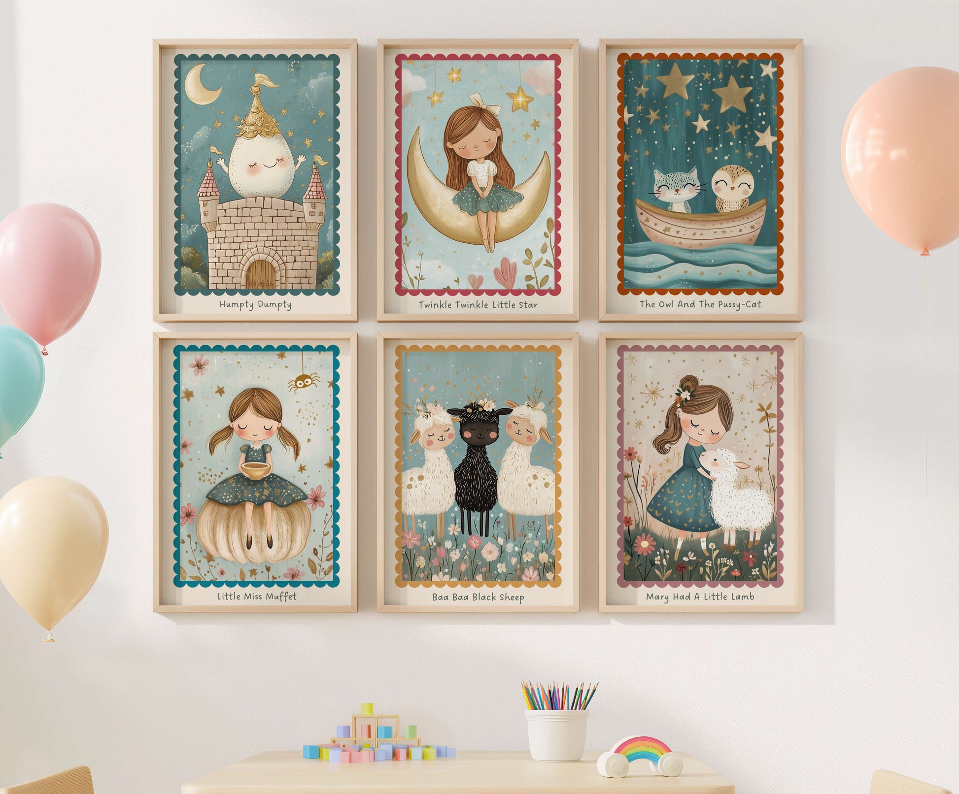 Set of six framed nursery rhyme illustrations on a wall with balloons and stationery items below.