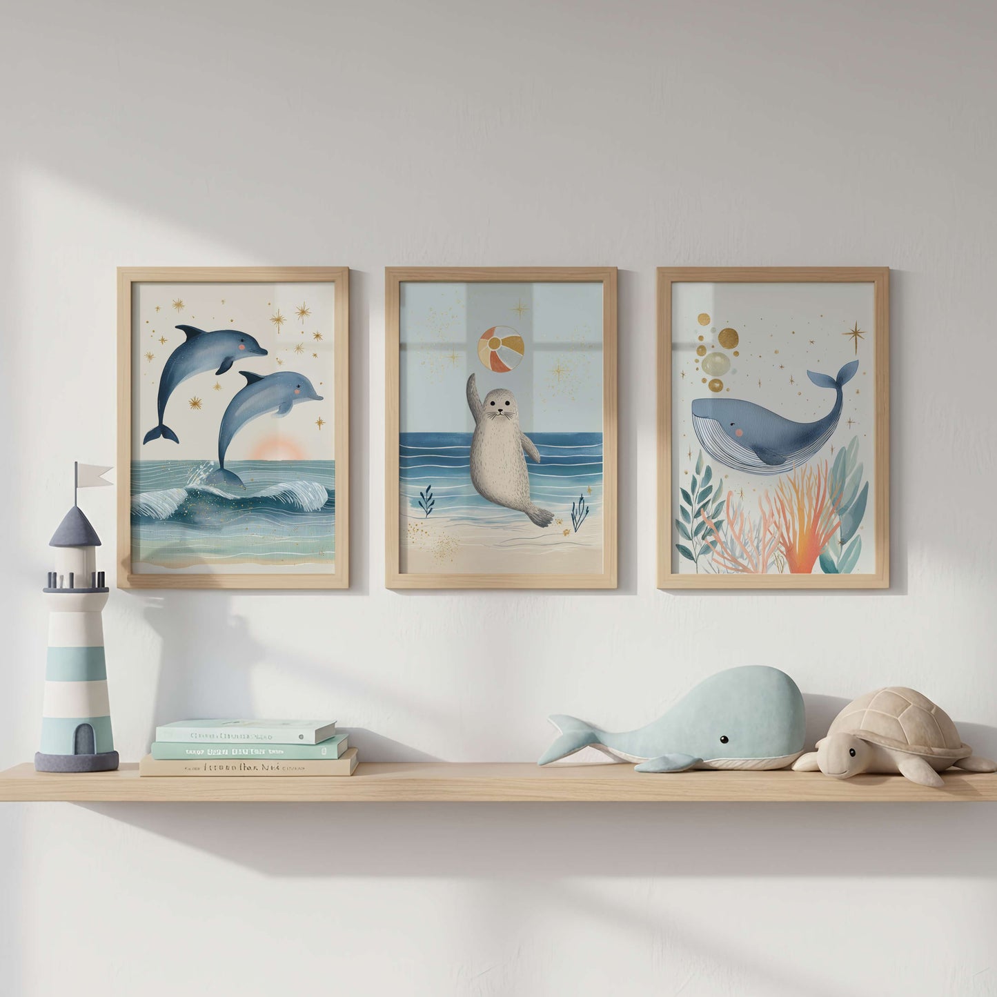 Three framed artworks of dolphins, a seal, and a whale on a wall above a shelf with decorative items.