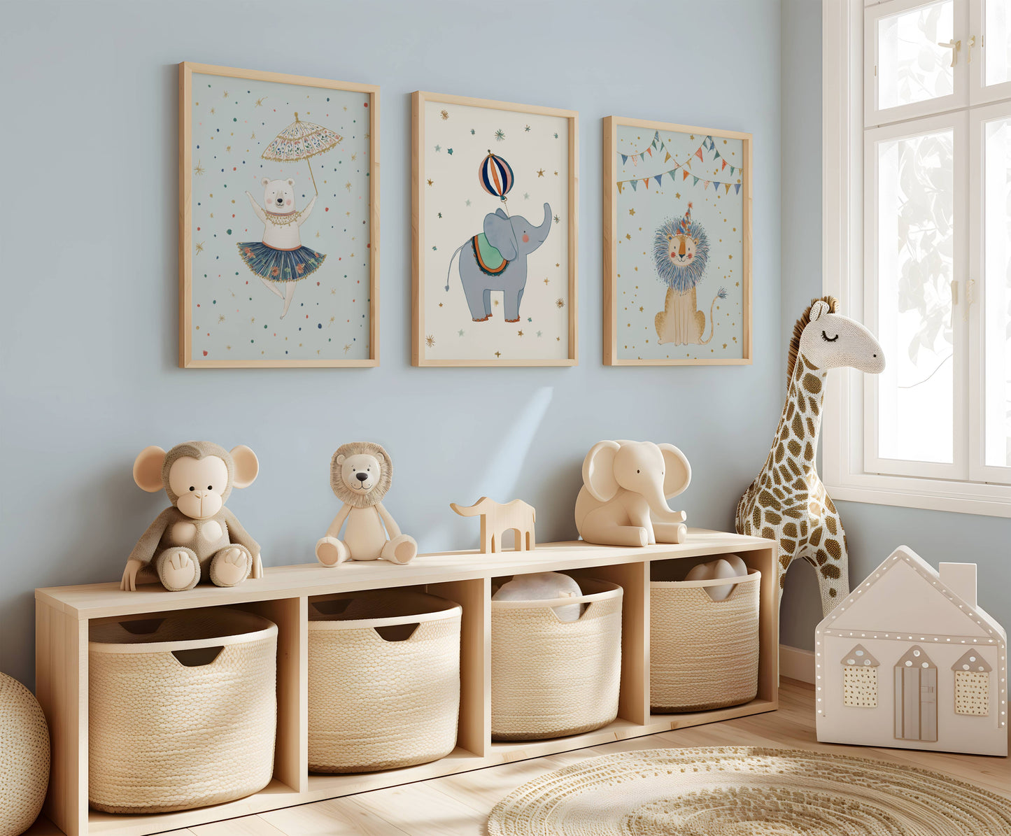 Blue Circus Nursery Wall Art — full set of 6 coordinating circus illustrations laid out, by Sarah Gallagher Design