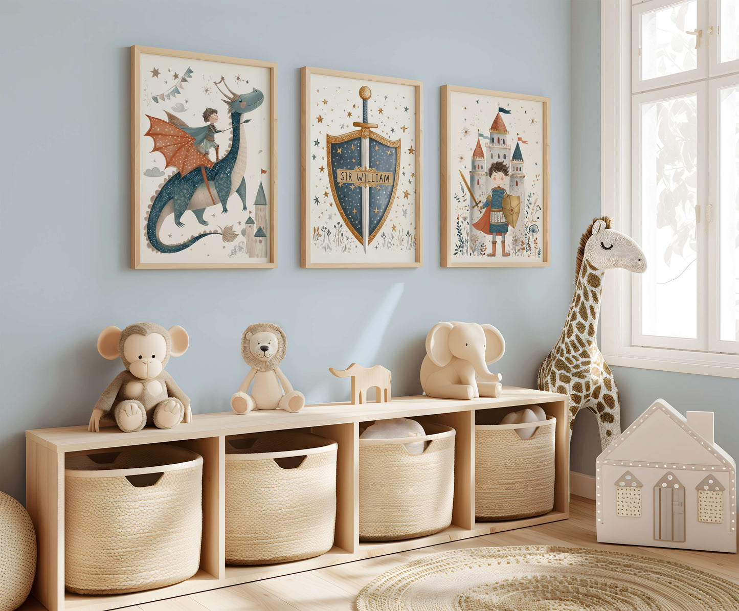 Personalised Dragon and Knight Wall Art Set of 3 displayed in a bright children's room with toys and storage, by Sarah Gallagher Design