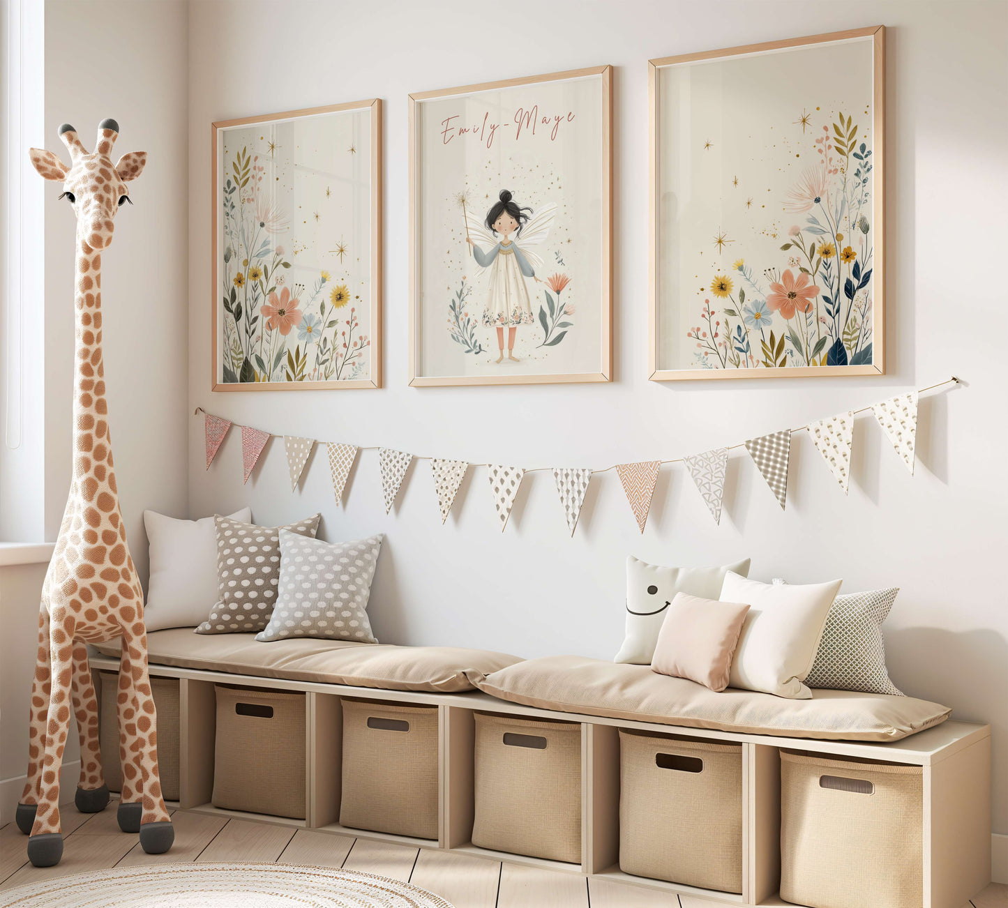 Personalised Woodland Fairy And Floral Print Set, Three Piece Wall Décor | Unframed