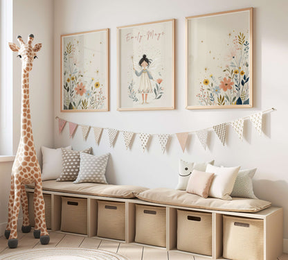 Personalised Woodland Fairy And Floral Print Set, Three Piece Wall Décor | Unframed