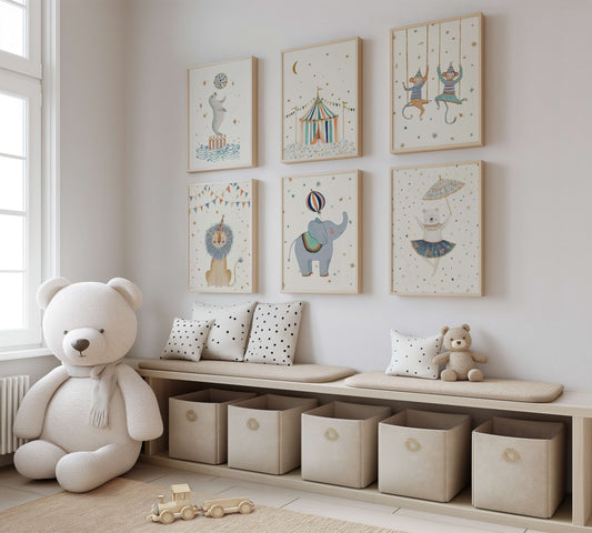 Cream Neutral Circus Nursery Wall Art Set of 6 Prints | Unframed