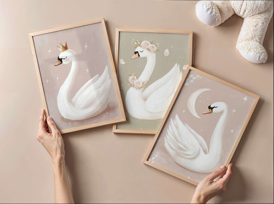 Swan Nursery Wall Art Set of 3 Prints | Unframed
