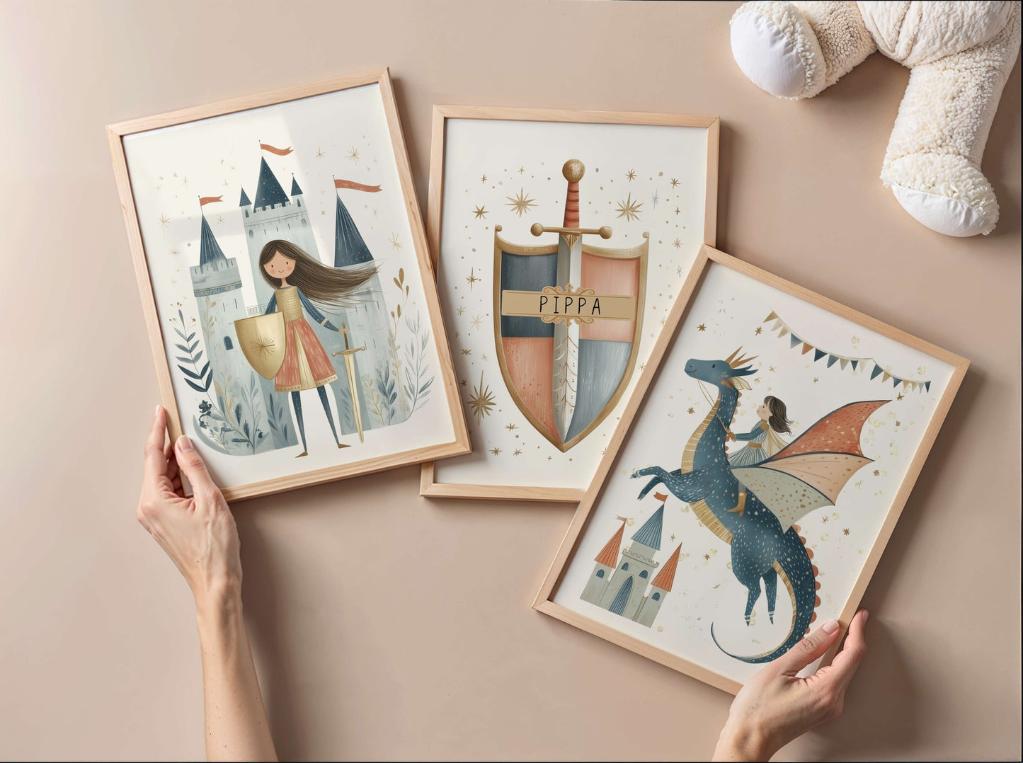 Personalised Dragon and Girl Knight Wall Art Set of 3 | Unframed