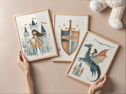 Personalised Dragon and Girl Knight Wall Art Set of 3 | Unframed