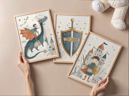 Personalised Dragon and Knight Wall Art Set of 3 — dragon, 'Sir Louie' shield and castle prints framed on a beige surface