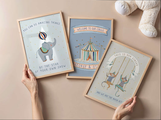 Personalised Blue Circus Wall Art Set of 3 for Siblings | Unframed