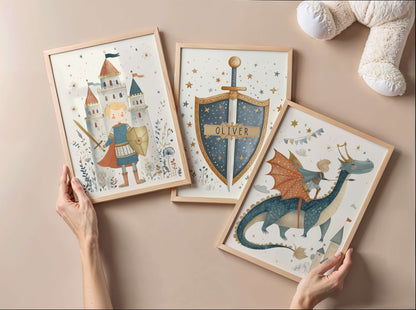 Personalised Dragon and Blonde Knight Wall Art Set of 3 | Unframed