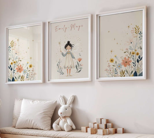 Personalised Woodland Fairy And Floral Print Set, Three Piece Wall Décor | Unframed