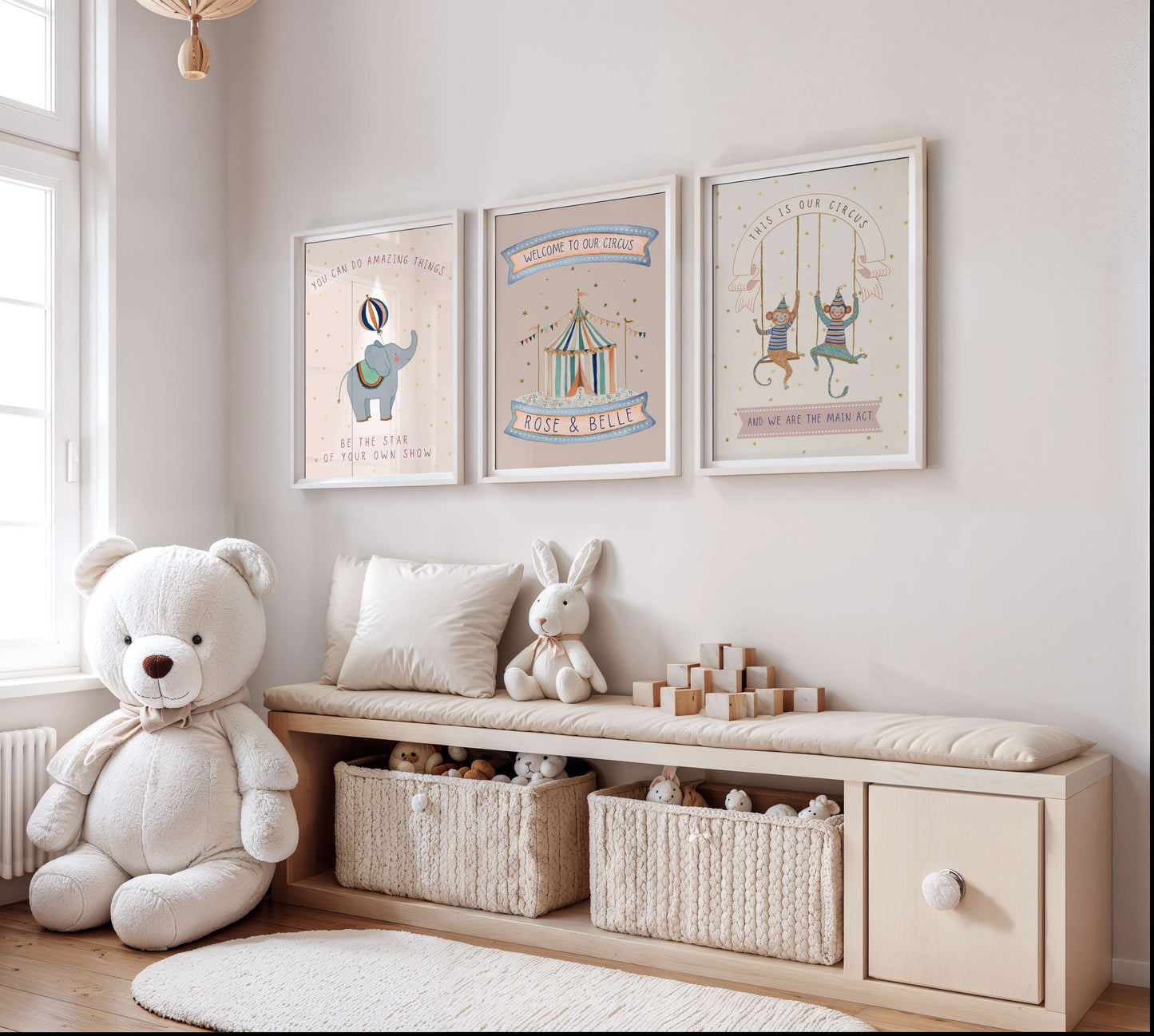 Personalised Sibling Pink Circus Wall Art Set of 3 | Unframed