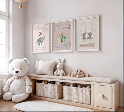 Personalised Sibling Pink Circus Wall Art Set of 3 | Unframed