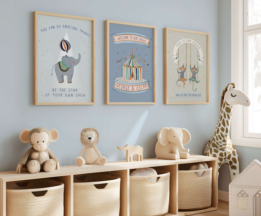 Children's room with toys, storage bins, and wall Circus wall art in a bright setting.