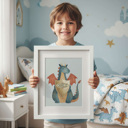 Child holding a framed picture of a dragon in a room with children's decor