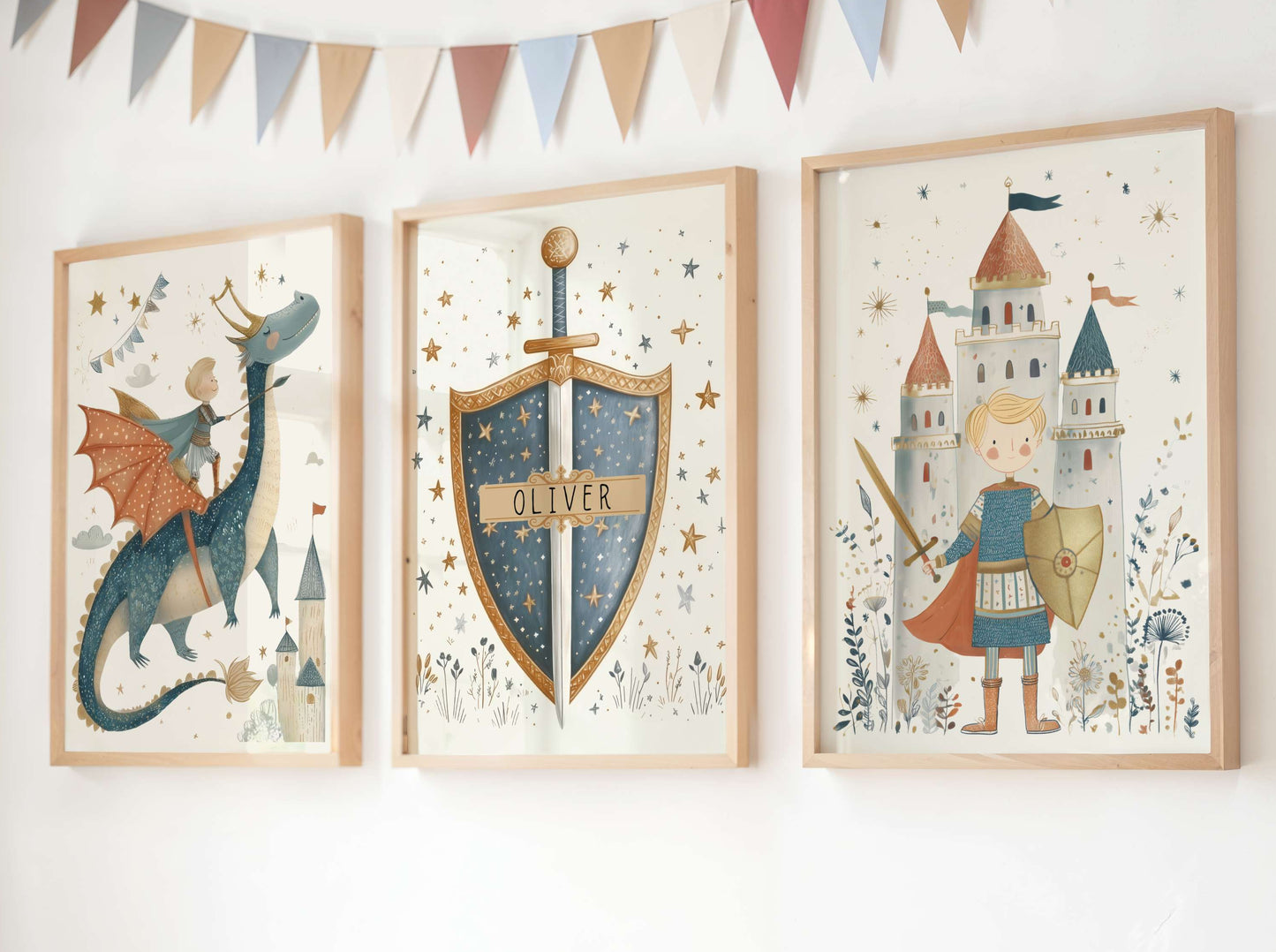 Three framed illustrations of a dragon, shield with 'Oliver' text, and a knight with a castle in the background.