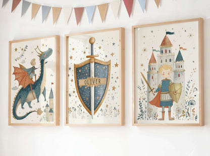 Three framed illustrations of a dragon, shield with 'Oliver' text, and a knight with a castle in the background.
