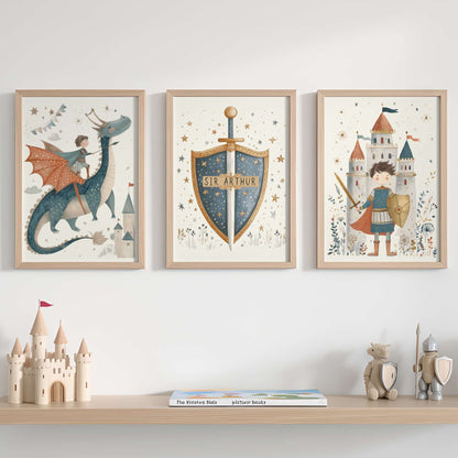 Personalised Dragon and Knight Wall Art Set of 3 — framed dragon, personalised shield and castle prints by Sarah Gallagher Design